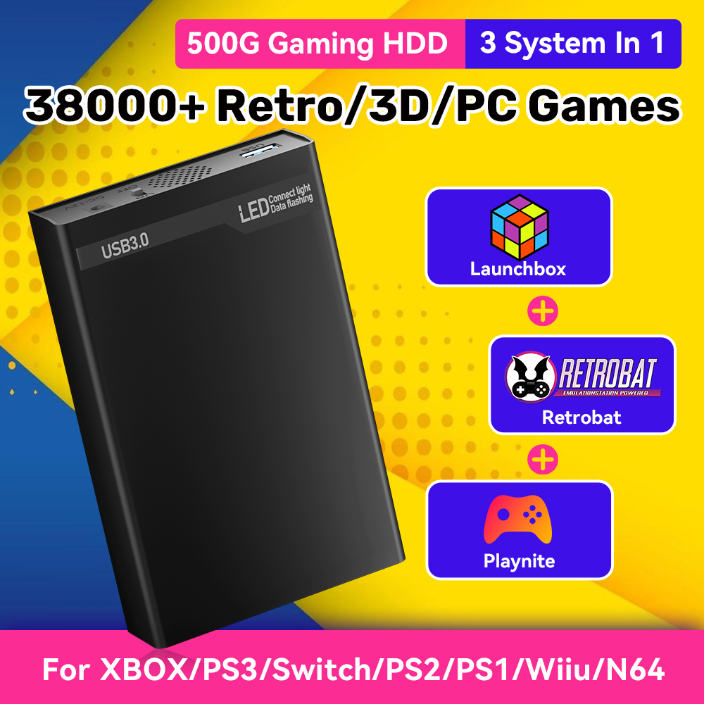 Retro Gaming Hard Drive - Mix500G Tragbare Spielfestplatte für N64/PS3/PS2/Switch/PS1/Xbox/DC Externe